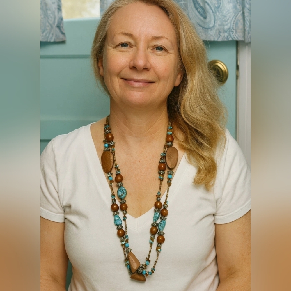 Boho Faux Turquoise, Wood & Silver Long Necklace